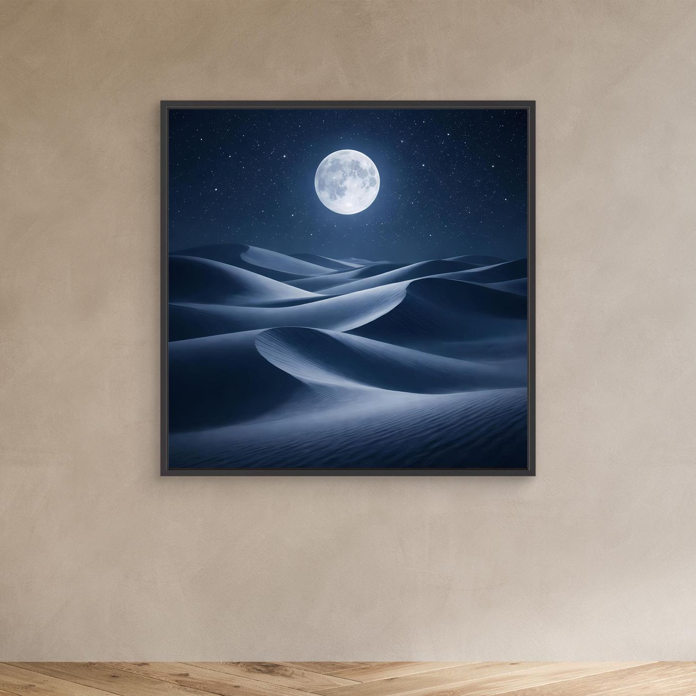 Leinwandbild mit schwarzem Rahmen: Vollmond über Wüstendünen im Nachtmotiv