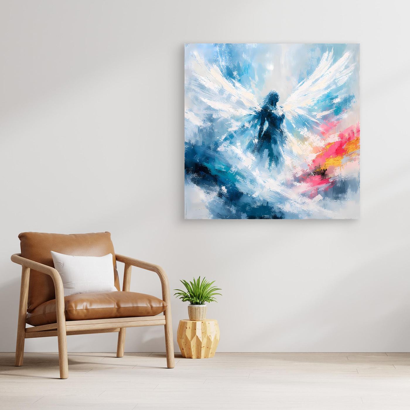 Leinwand Abstrakter Engel in Blau und Weiß | Modernes Wandbild auf echter Leinwand