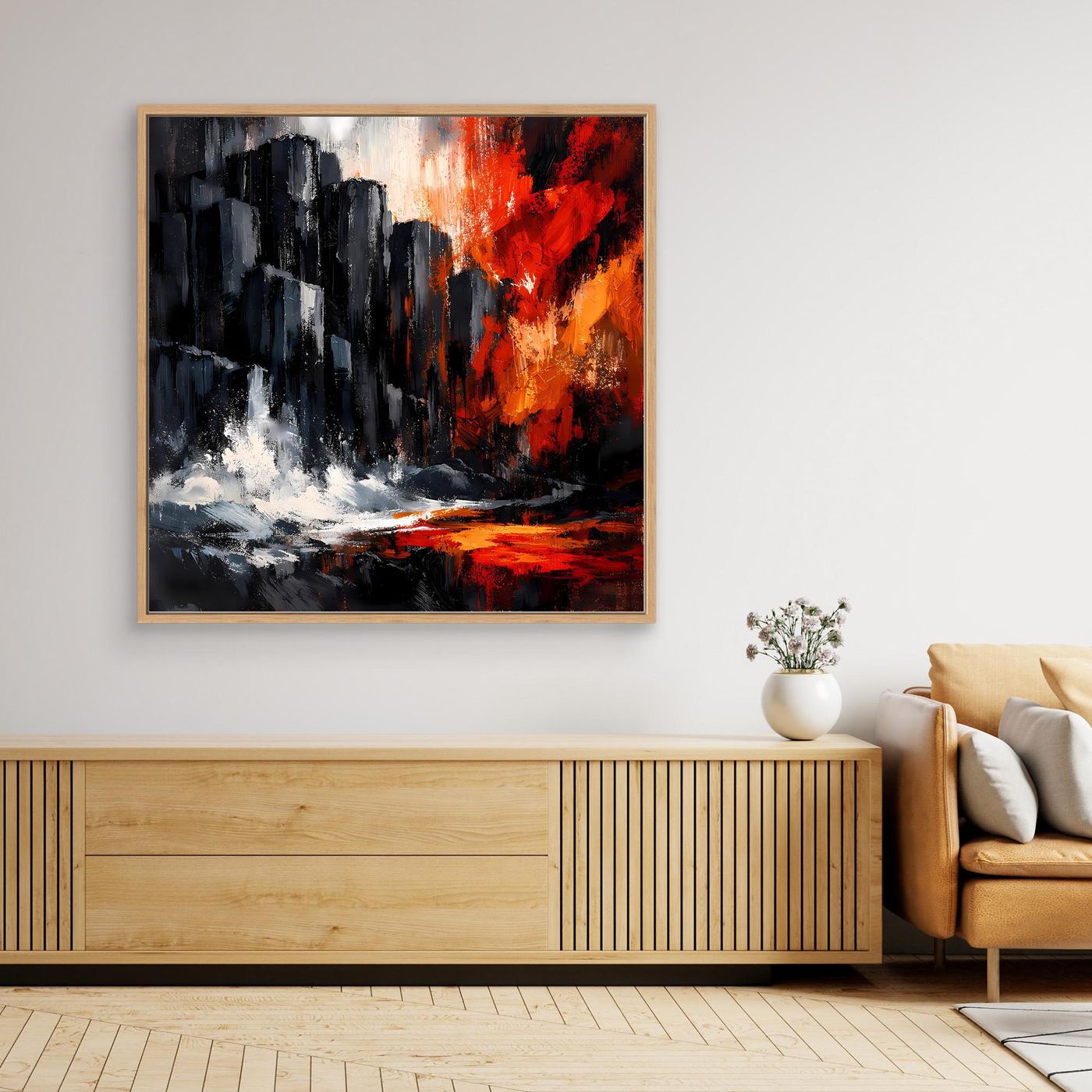 Leinwand-Wandbild mit abstrakten Felsklippen, rotem Sonnenuntergang und Holzrahmen