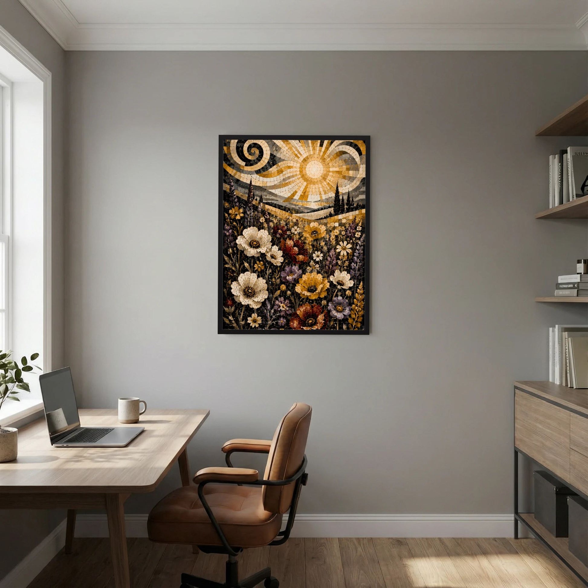 Hochformat-Poster mit Blumenmosaik, goldener Sonne und Landschaftszügen im schwarzen Rahmen