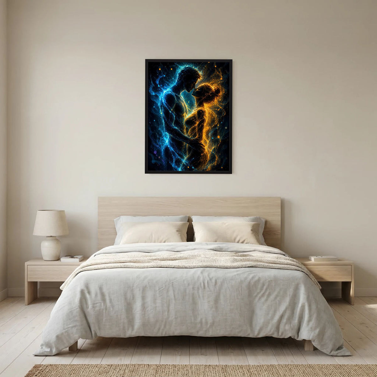 Quadratisches Poster mit schwarzem Rahmen: abstraktes Paar in Blau und Gold