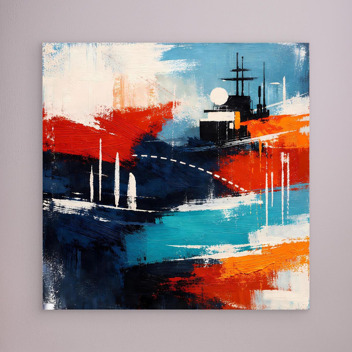 Leinwand-Wandbild mit abstraktem Schiff in Blau, Rot und Türkis, ohne Rahmen