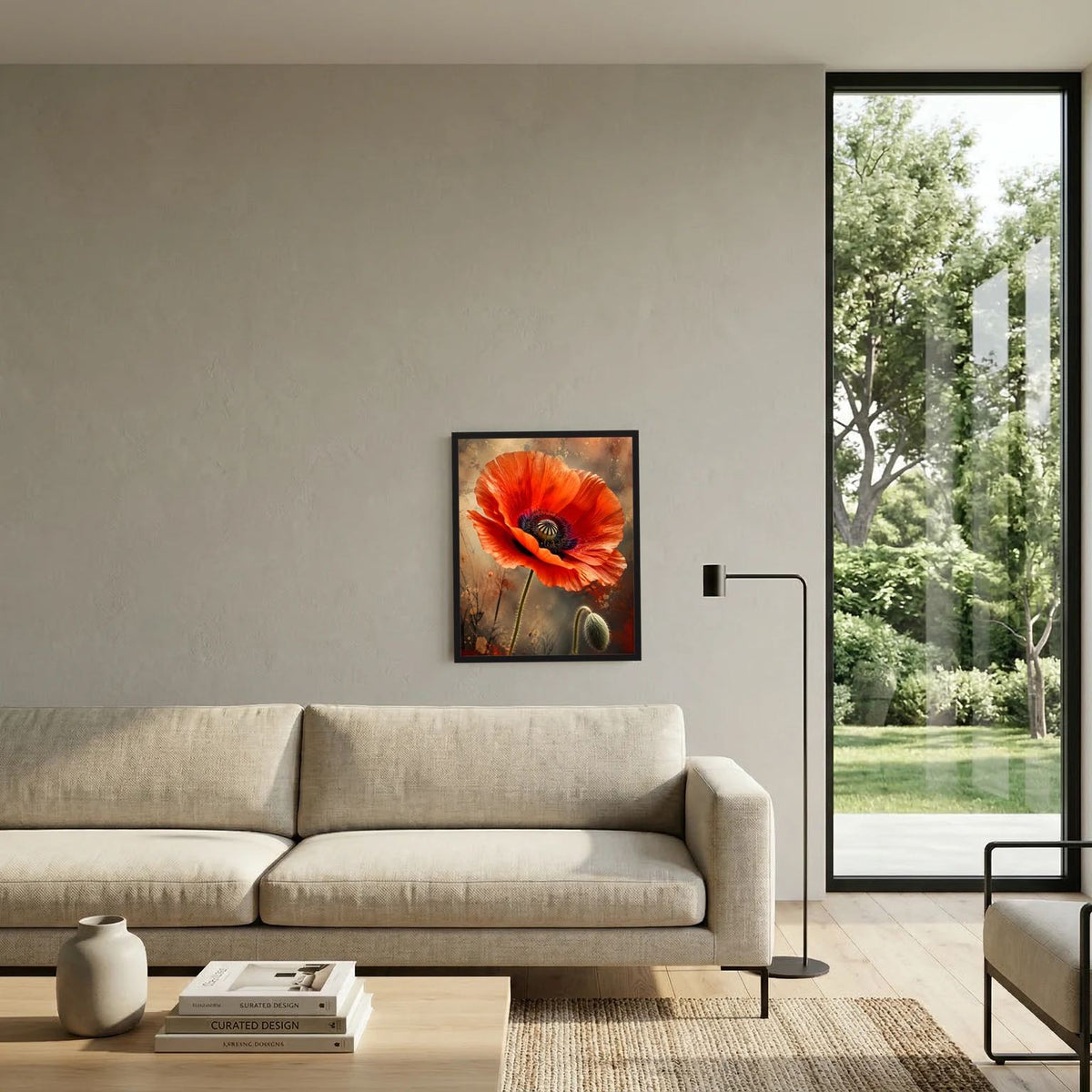 Gerahmtes Poster (Hochformat) mit roter Mohnblüte in Nahaufnahme, schwarze Umrandung