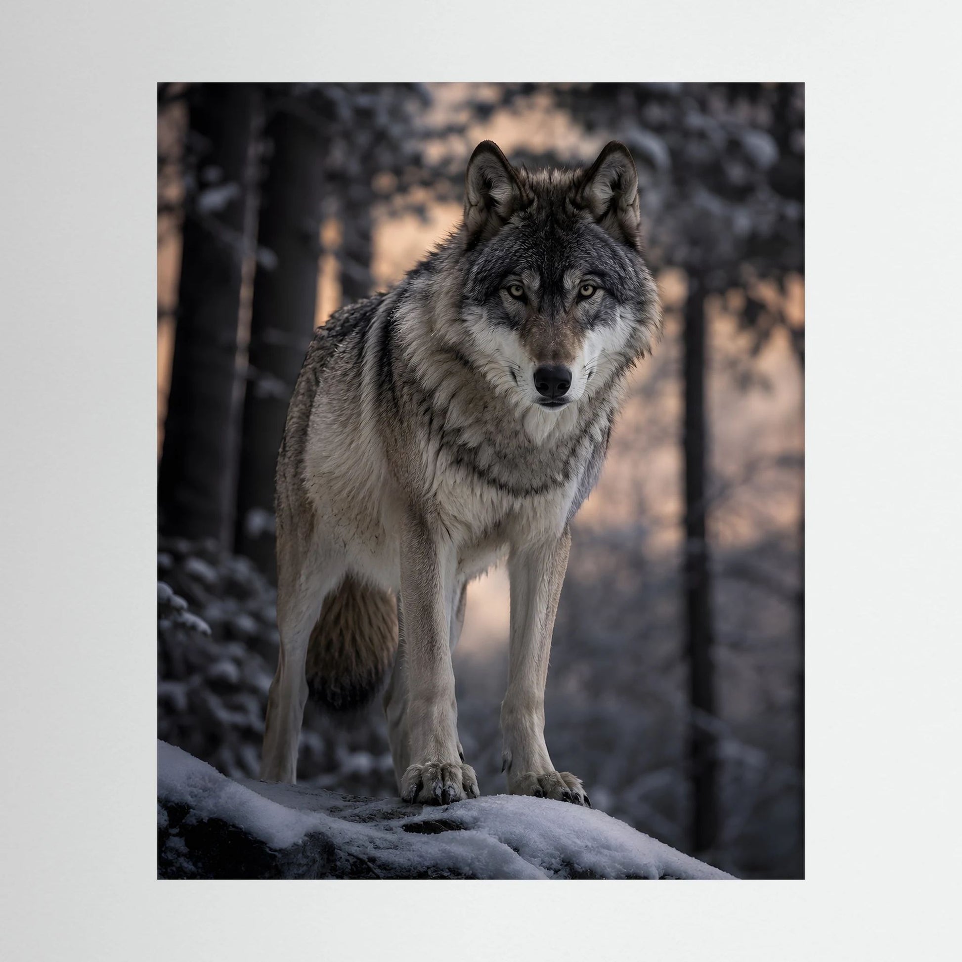 Wolf im Winterwald als Hochformat-Poster, stehender Grauwolf auf Schnee