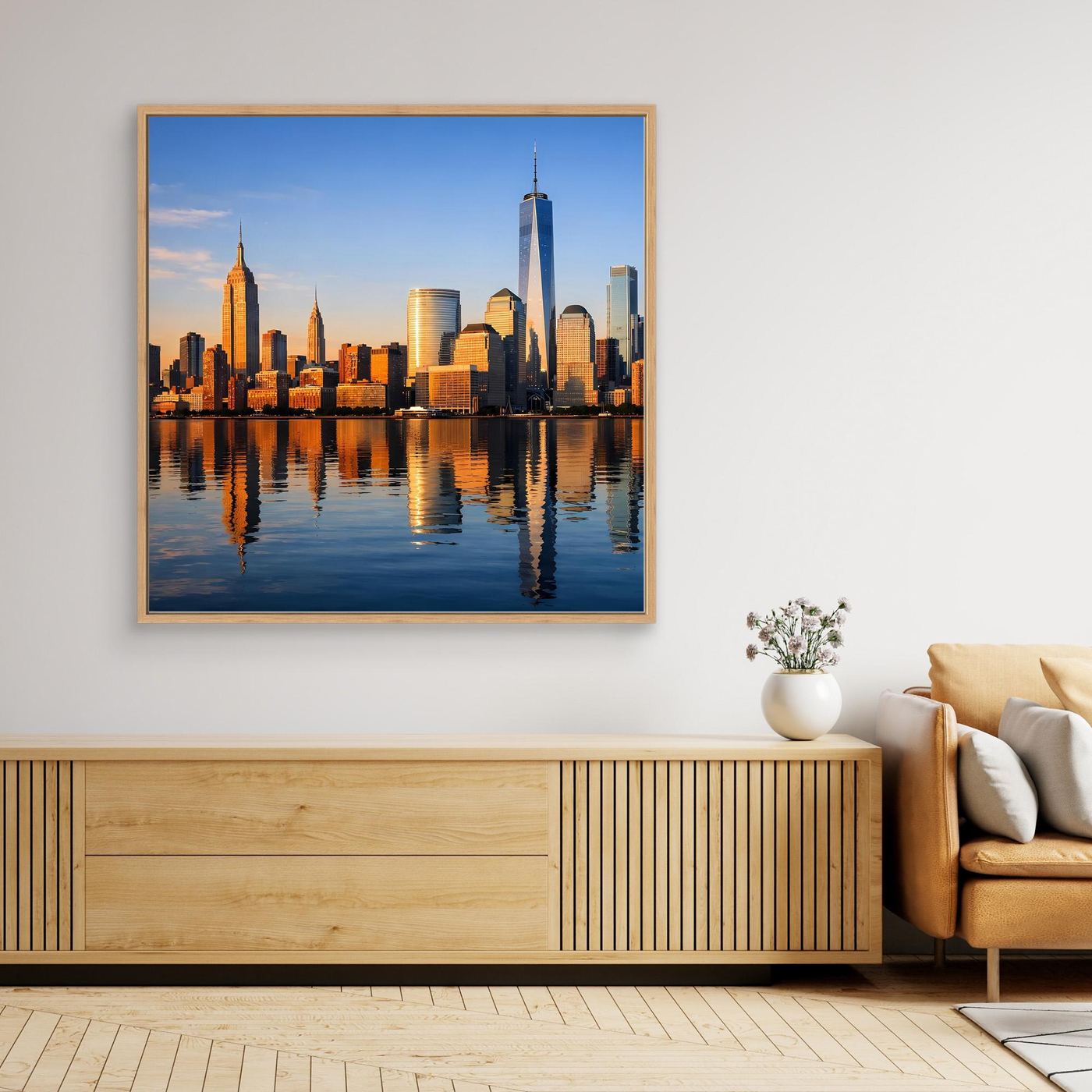 Gerahmtes Leinwand-Wandbild New-York-Skyline bei Sonnenuntergang, goldener Rahmen
