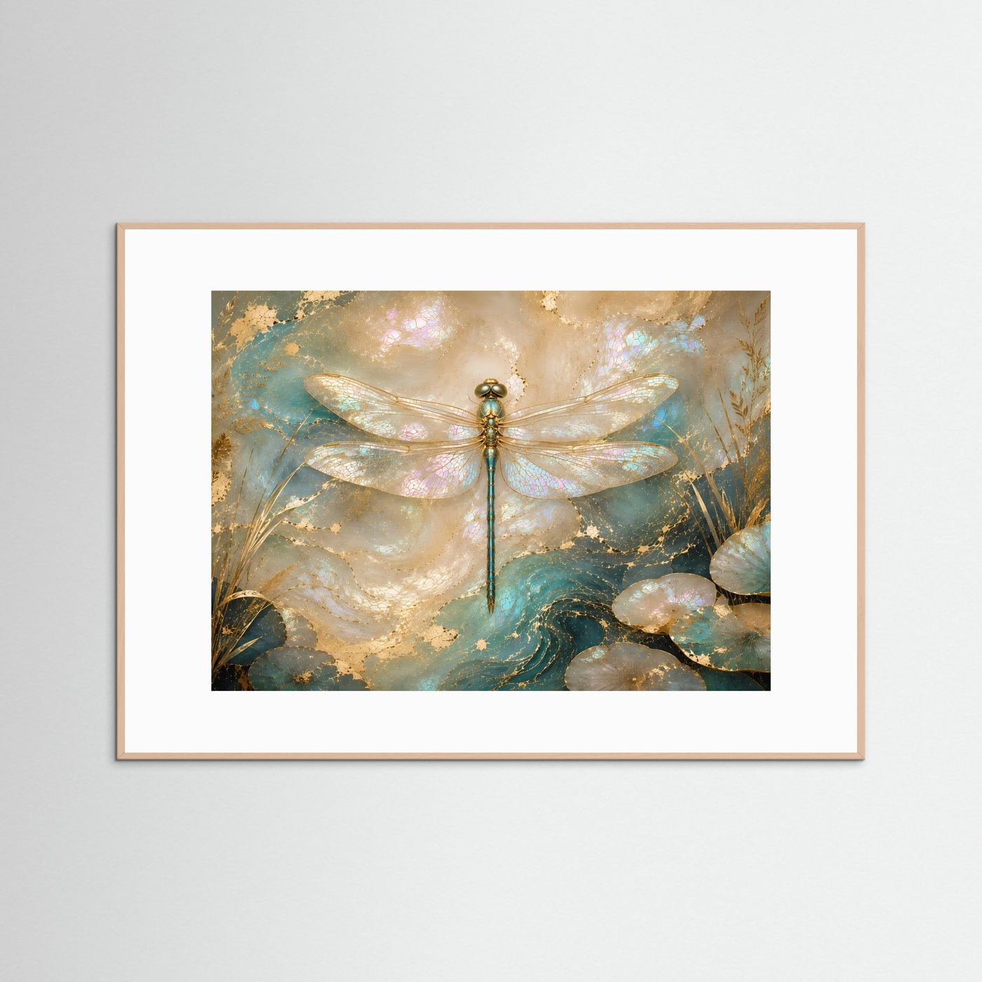 Wandkunst mit Libelle in Gold- und Perlmuttfarben, heller Holzrahmen mit weißer Einfassung