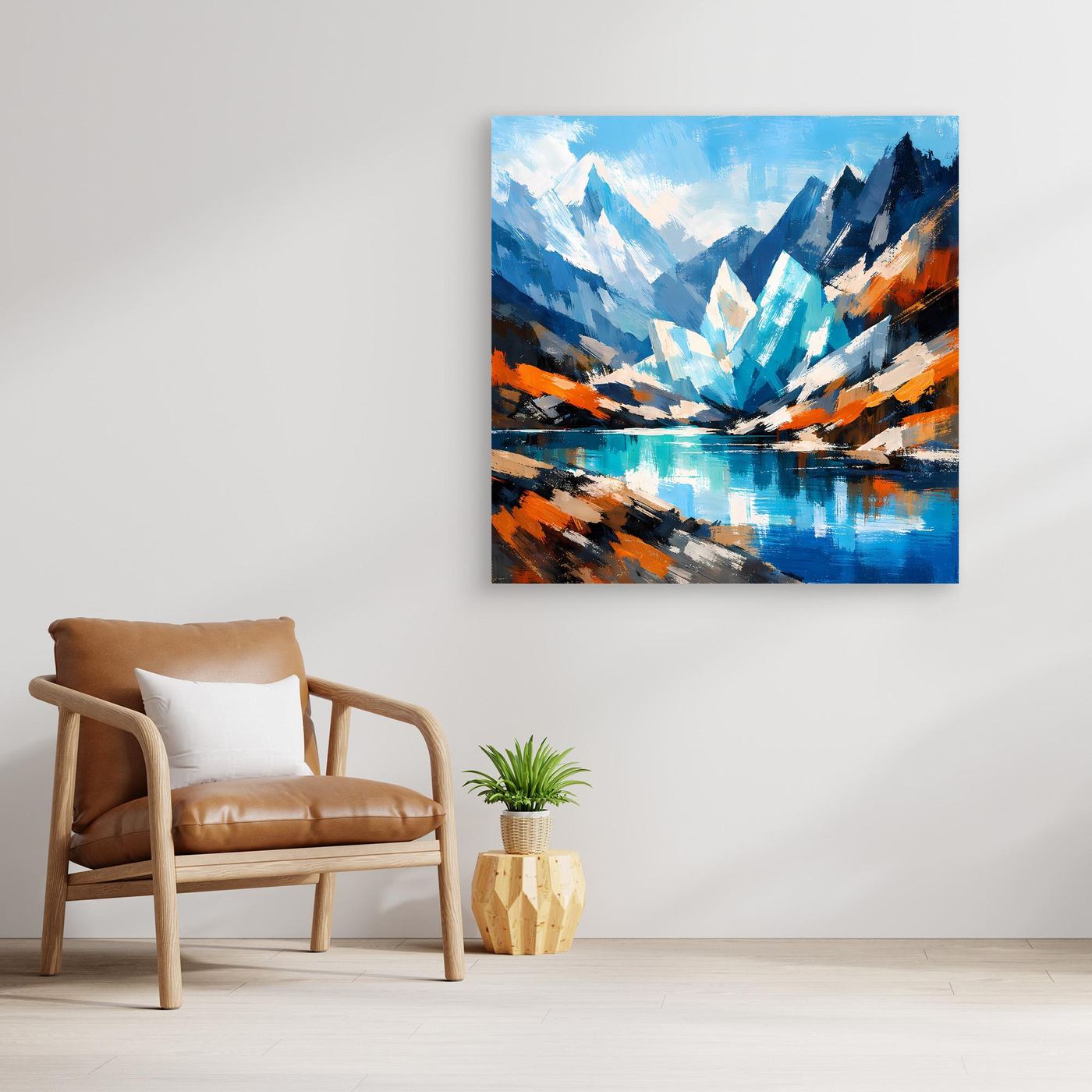 Leinwand-Wandbild mit abstrakten Bergen und türkisblauem See, orangefarbene Akzente