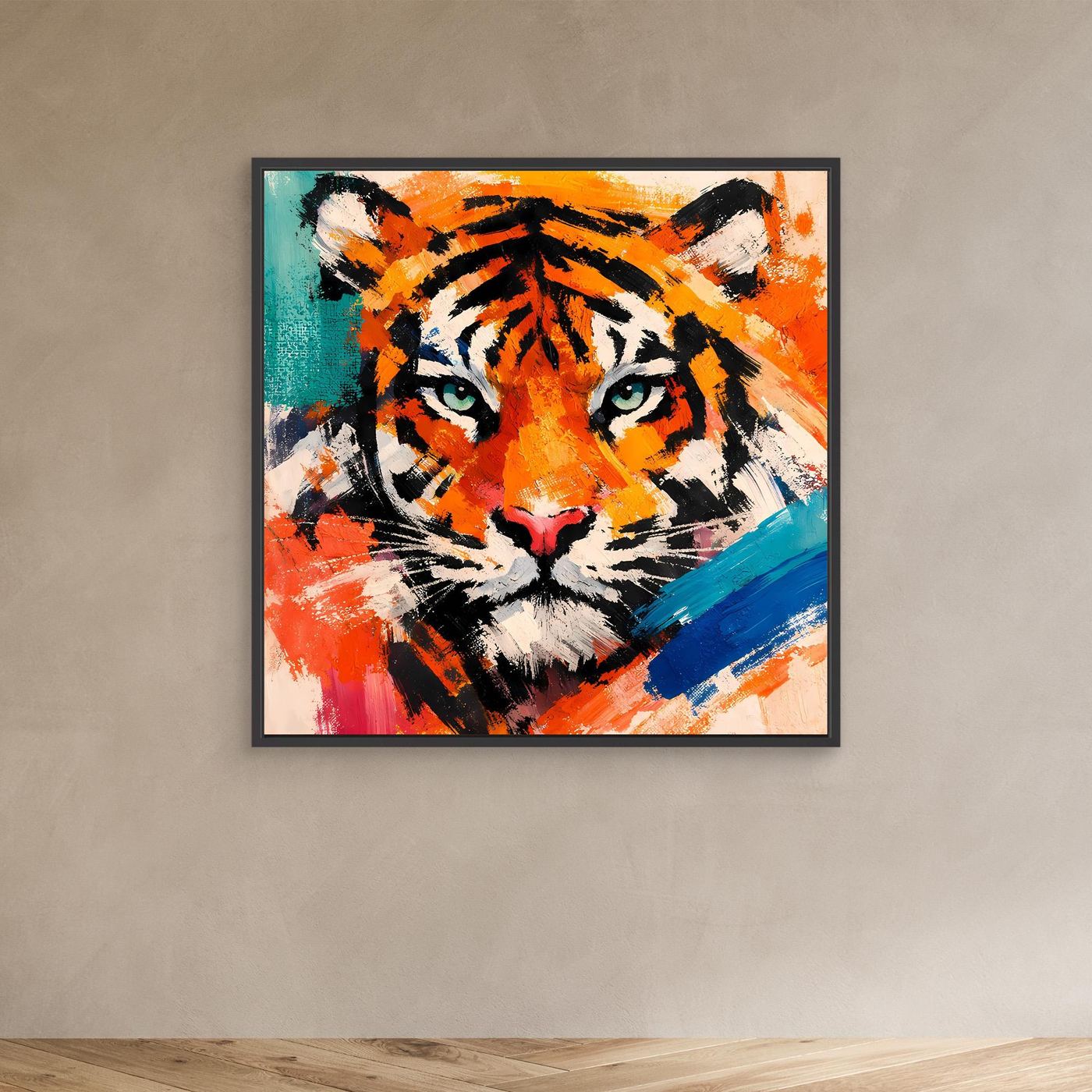 Abstract tiger wall art in a black frame, orange-and-black tiger face with teal and blue accents