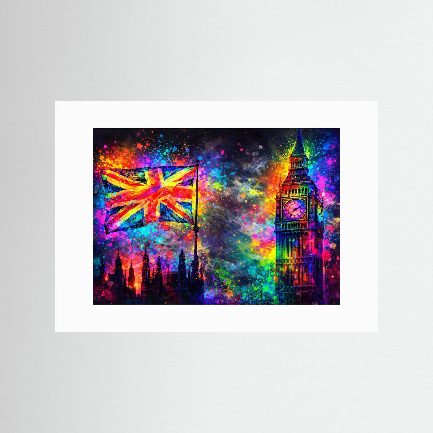 Poster Big Ben und Union Jack im Neon-Pop-Art, in weißem Rahmen