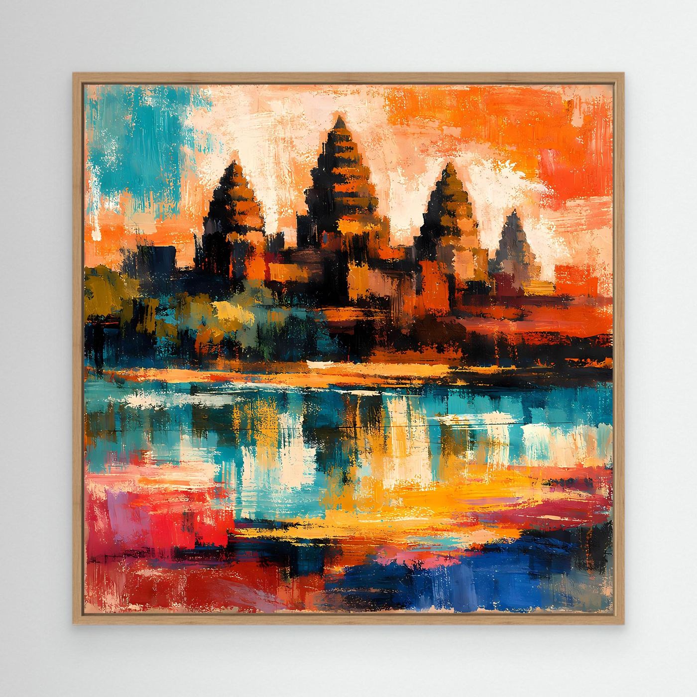 Leinwand-Wandbild mit Eichenrahmen, abstrakte Maya-Pyramide in Orange-Blau und Spiegelung