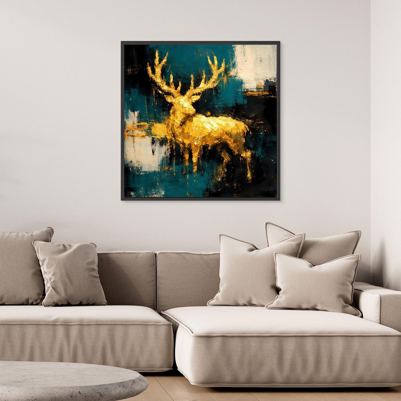Leinwand Goldener Hirsch in abstrakter Landschaft | Modernes Edel-Tier Wandbild