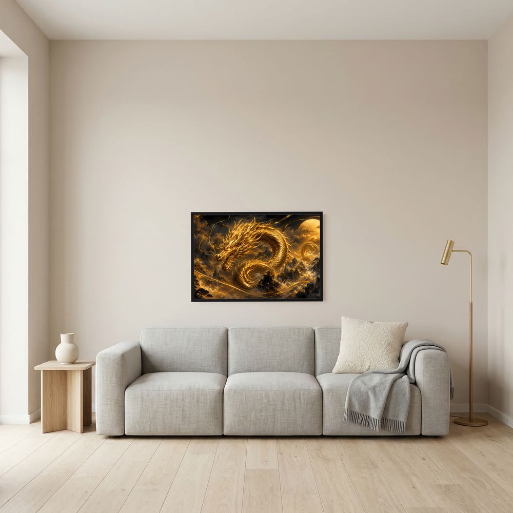 Wandposter mit goldenem Drachen über Tempelbergen, dunklem Hintergrund im schwarzen Rahmen