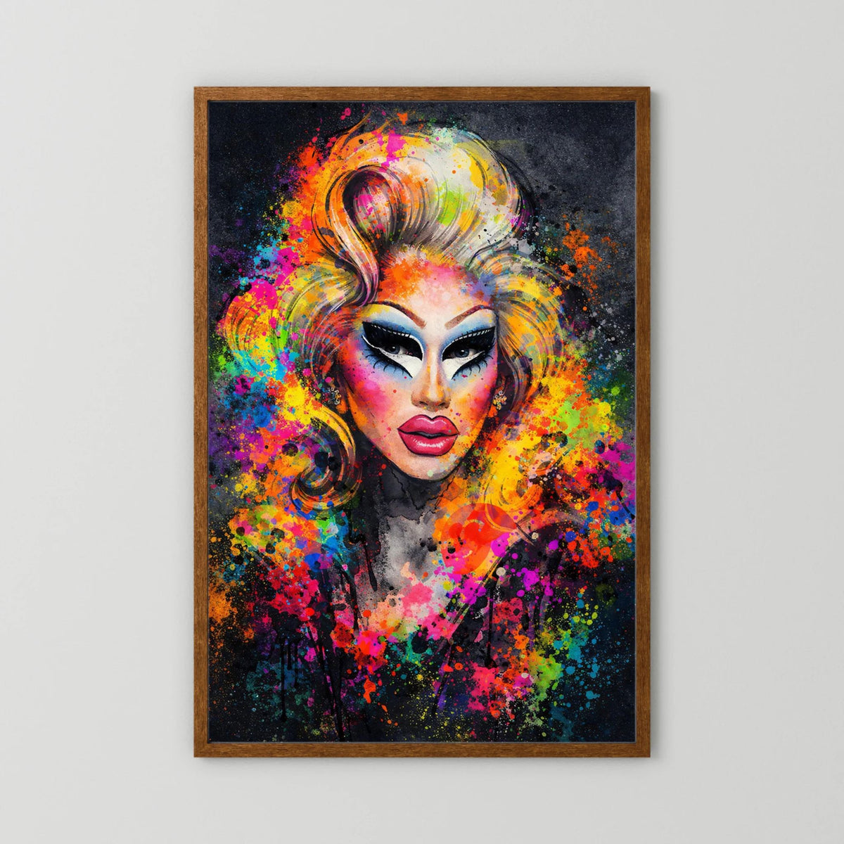 Wandbild: Drag-Queen-Porträt, abstrakt bunt, Holzrahmen, Hochformat