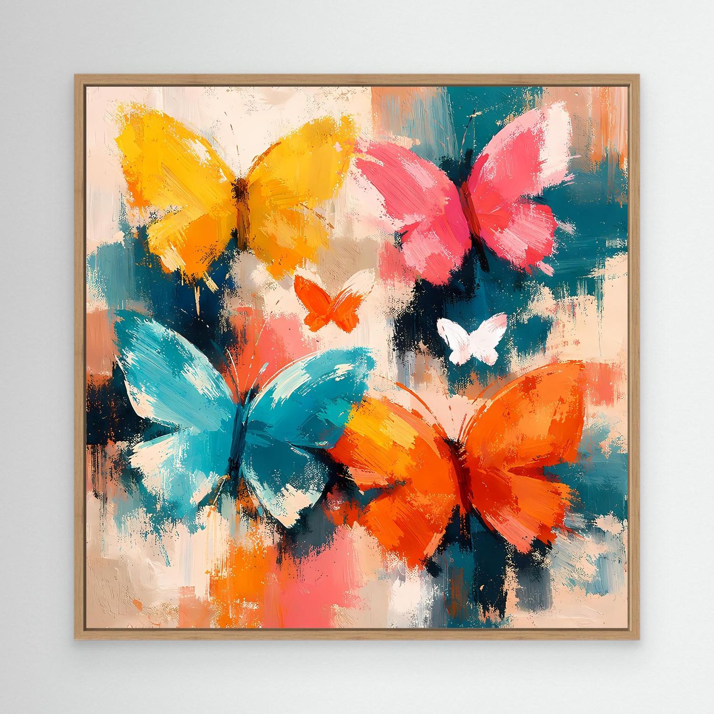 Leinwand Farbenfrohe Schmetterlinge im Flug | Abstraktes Natur & Frühling Wandbild