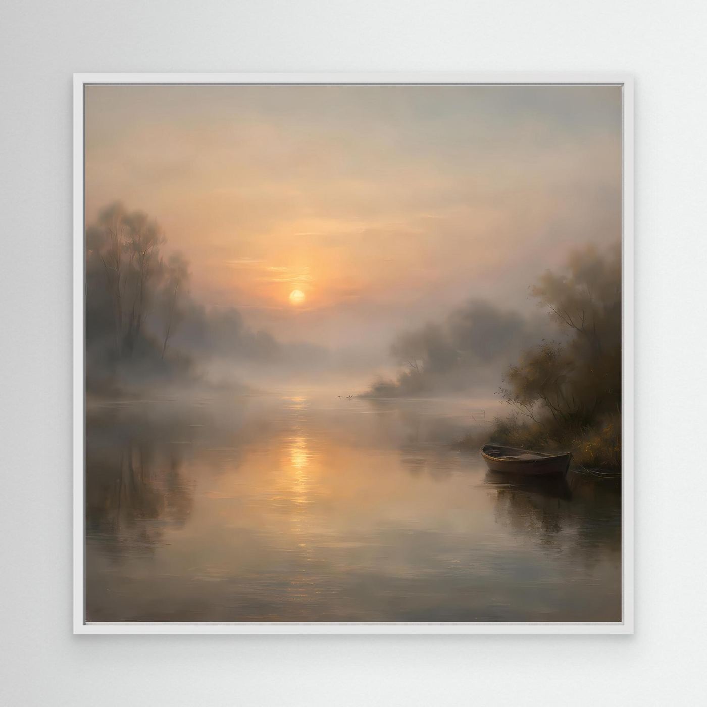 Leinwandbild im weißen Rahmen: nebliger Flussmorgen mit Sonnenaufgang, Boot und Uferbäumen