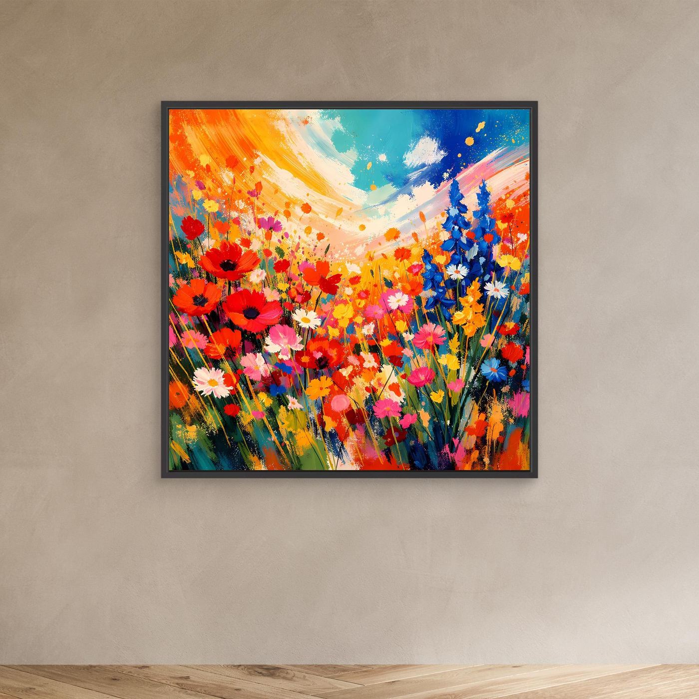 Leinwandbild mit abstrakter bunten Blumenwiese, rote und blaue Blüten, schwarzer Rahmen