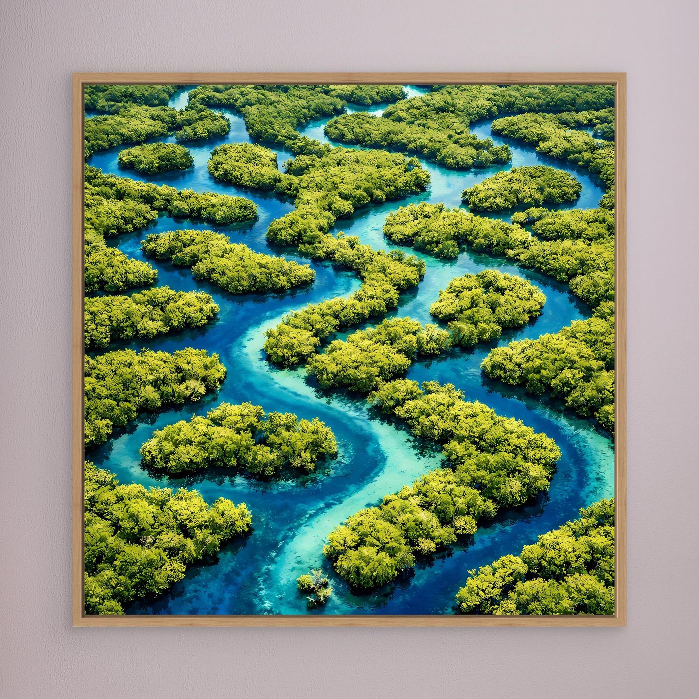 Leinwandbild mit blauem Flussband und grünen Inseln, brauner Holzrahmen