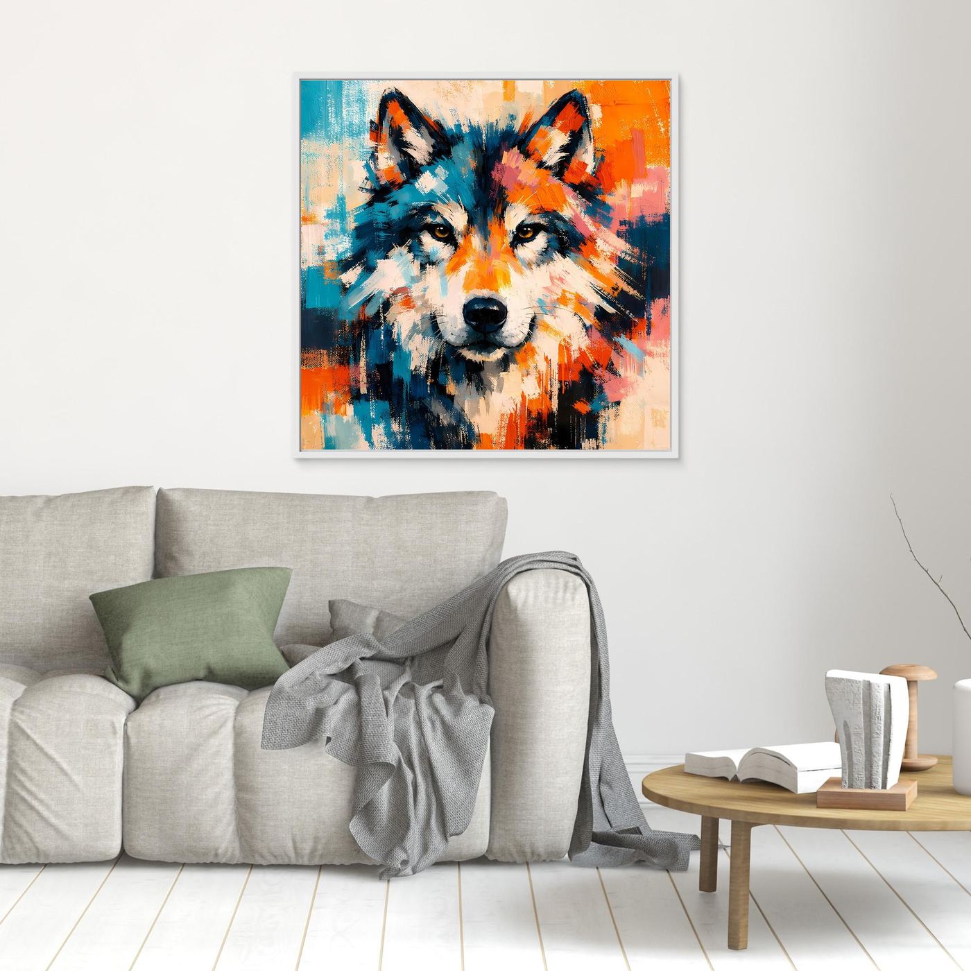 Framed abstract wolf face canvas print with blue and orange paint splatters