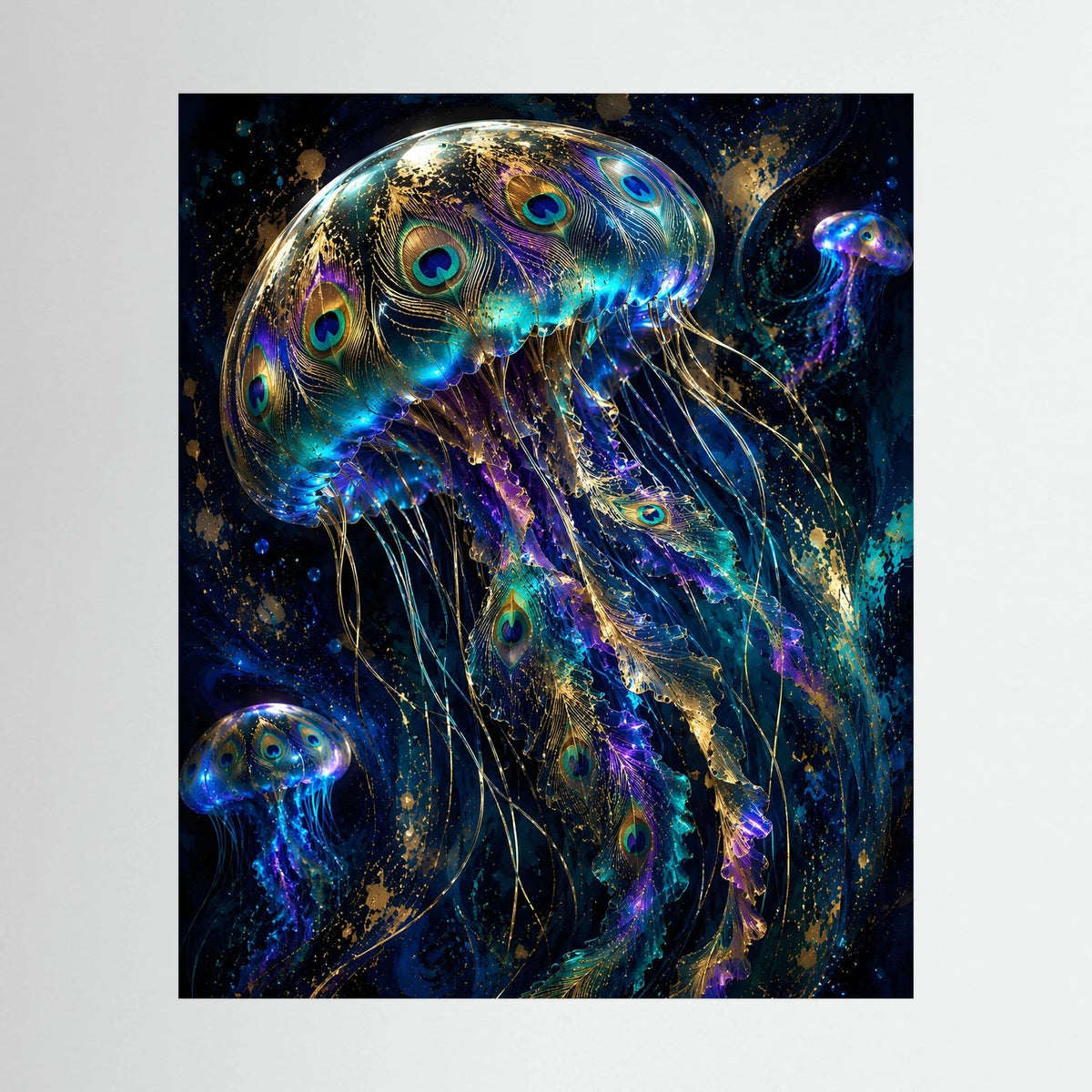 Quallen-Poster mit leuchtenden Formen in Blau und Gold, Hochformat (ohne Rahmen)