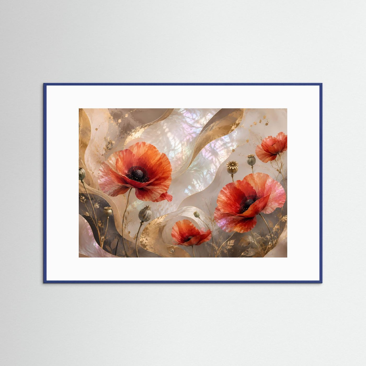 Poster mit roten Mohnblumen, Perlmutt- und Goldakzenten im Querformat, blauer Rahmen
