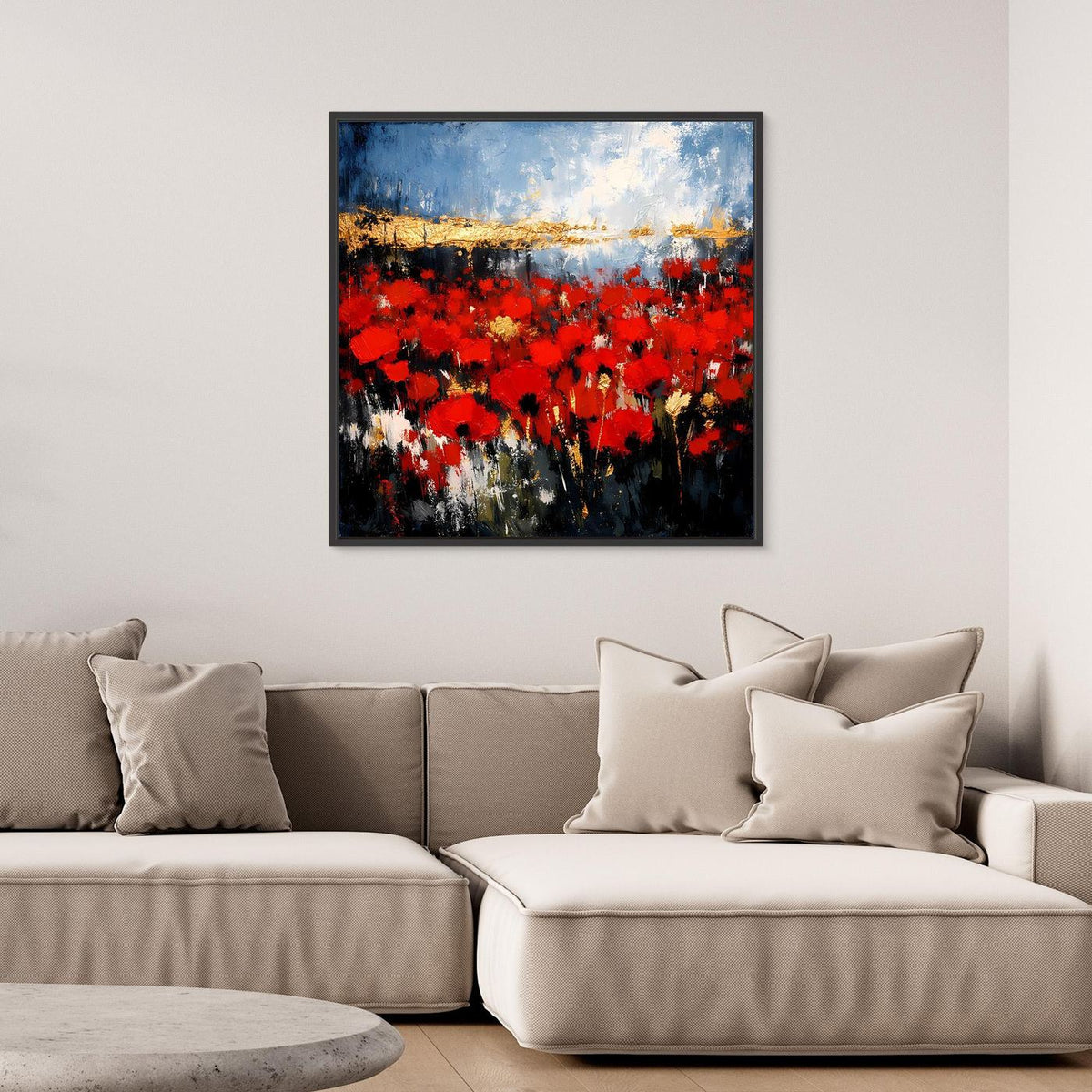 Wandbild mit schwarzem Rahmen: rotes Blütenfeld, blauer Himmel und goldene Lichter