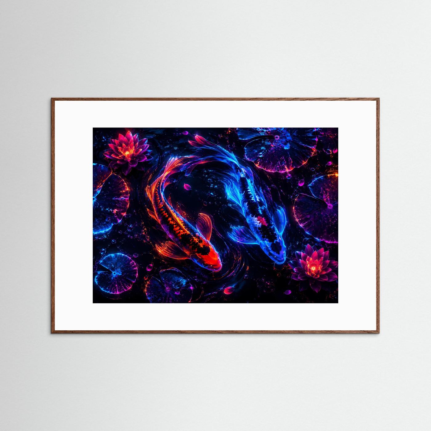 Neon Koi Yin Yang | Futuristisches Lotus-Wandbild in Blau, Pink & Orange