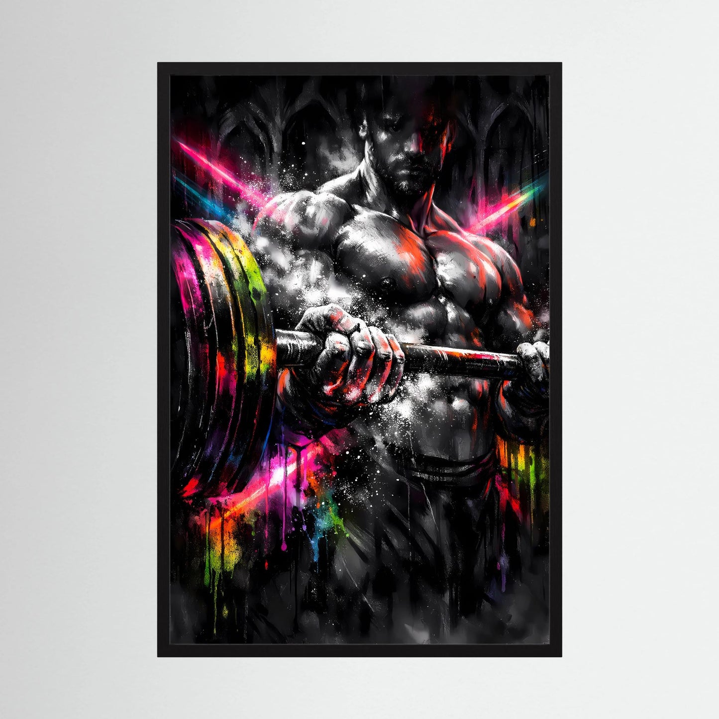 Kunstposter mit Neon-Bodybuilder, der eine Langhantel stemmt, schwarze Gestalt mit Farbspritzern