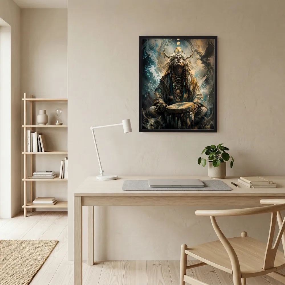 Kunstposter im Hochformat mit Schamane, Adler und Trommel in Blau- und Goldtönen