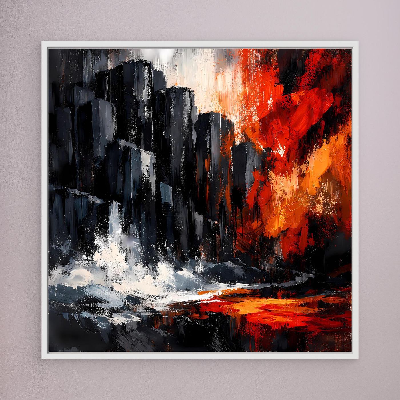Gerahmtes Leinwandbild mit hellem Rahmen: schwarze Klippen, rot-orange Akzente, weiße Spritzer