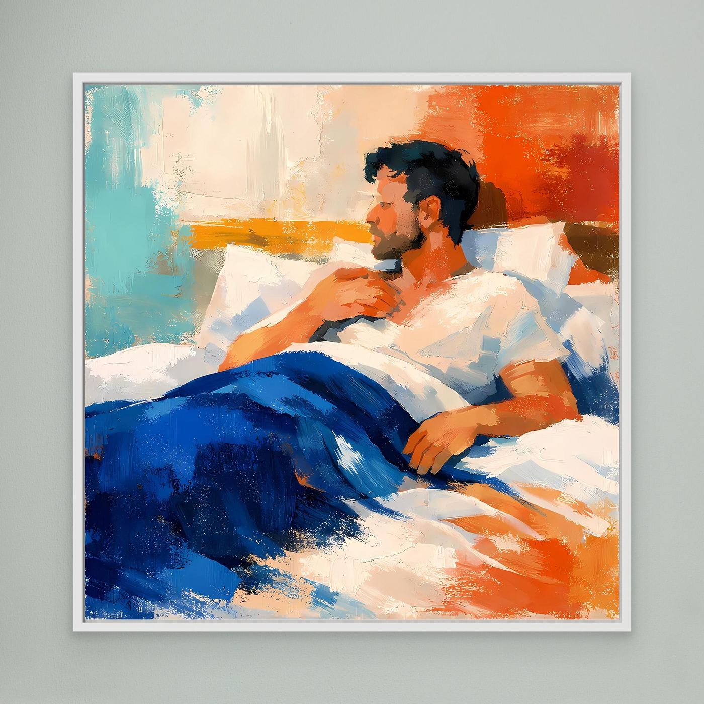 Wandbild mit abstraktem Mann im Bett, weißer Rahmen, Blau- und Orangetöne