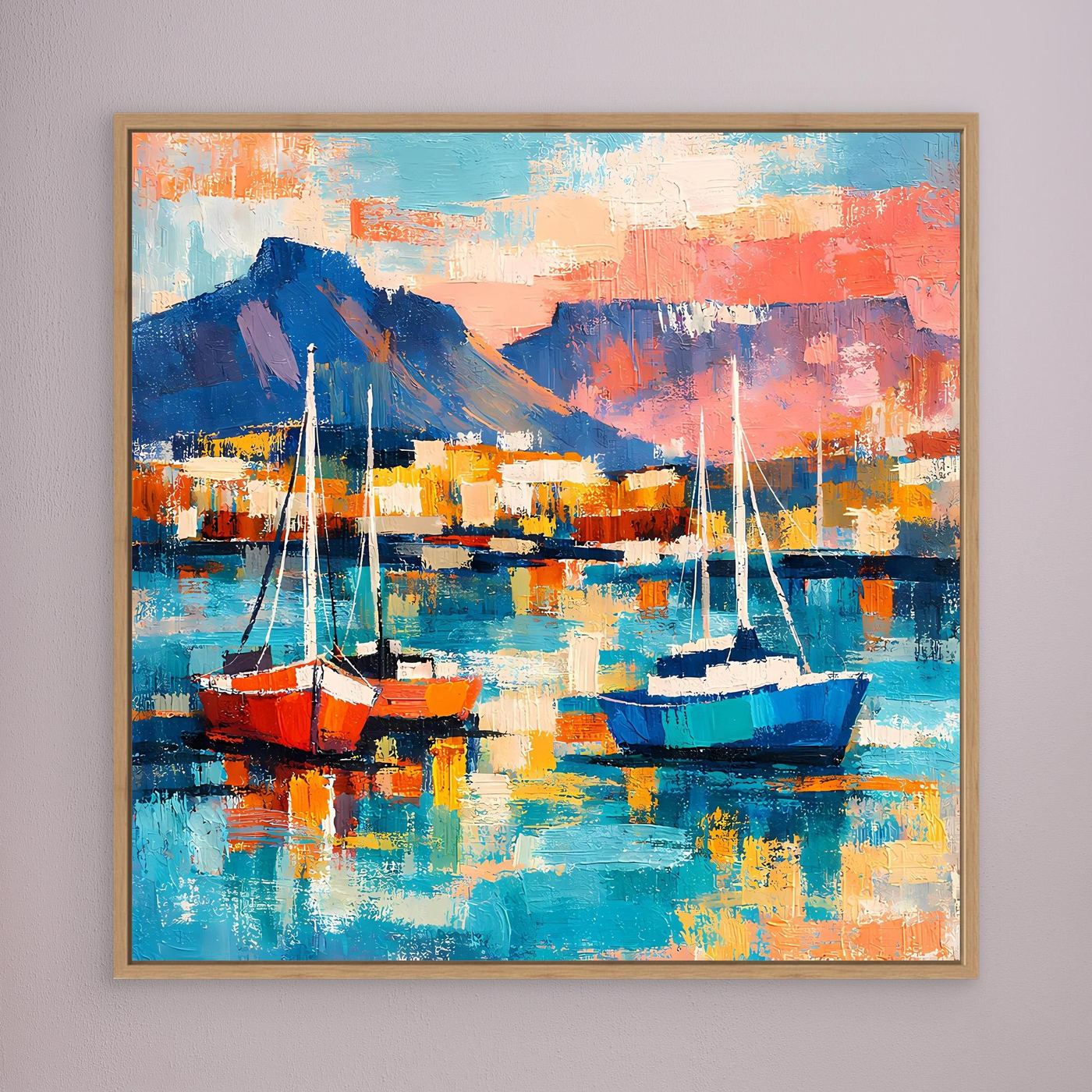 Leinwand-Wandbild mit abstrakten Segelbooten im Hafen, Berge im Hintergrund, brauner Rahmen