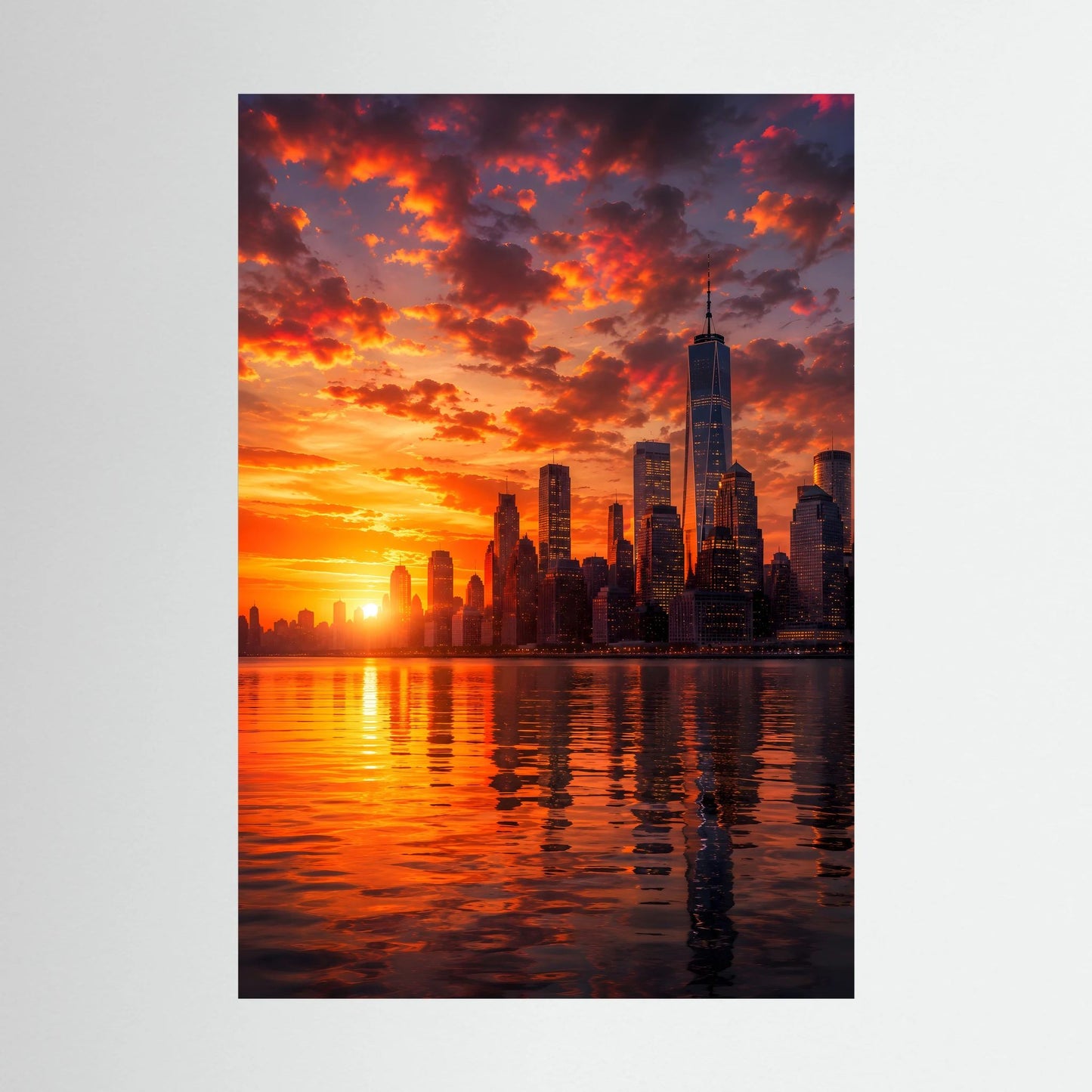 Stadtposter im Hochformat mit Skyline bei Sonnenuntergang, ohne Rahmen