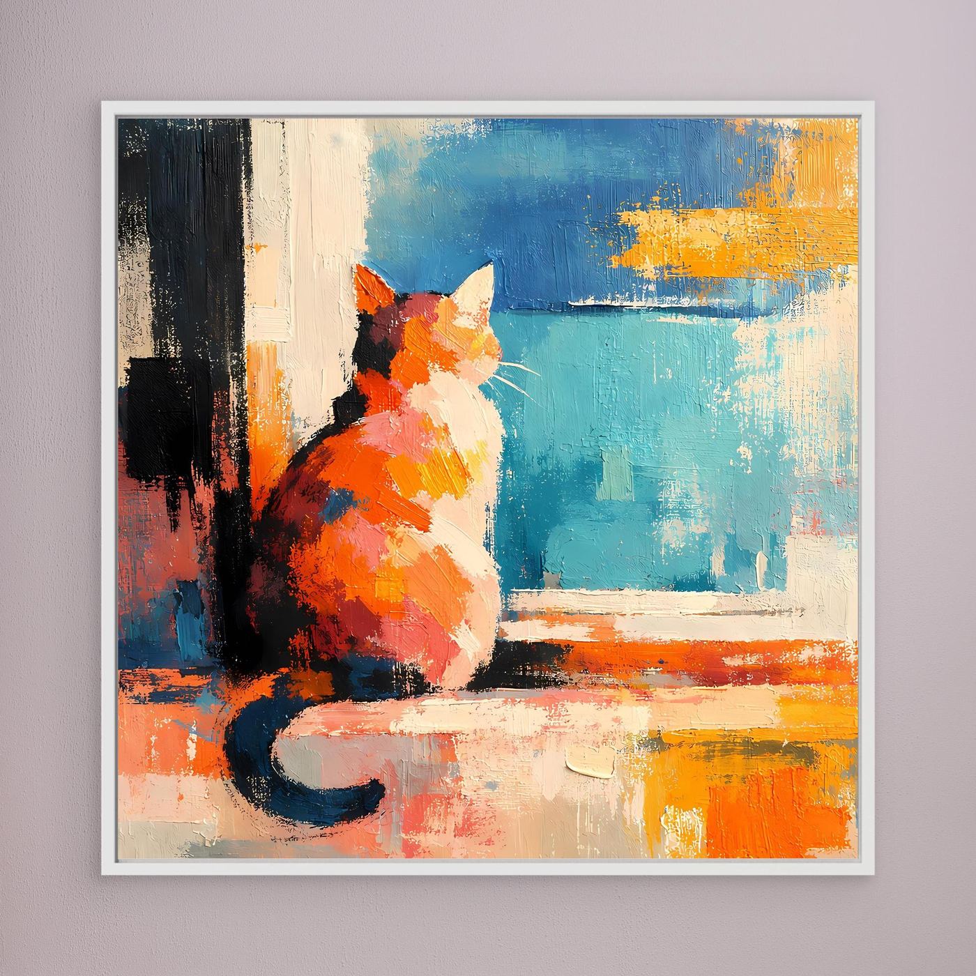 Abstract cat wall art, orange and blue palette with textured strokes, cat by window, white frame