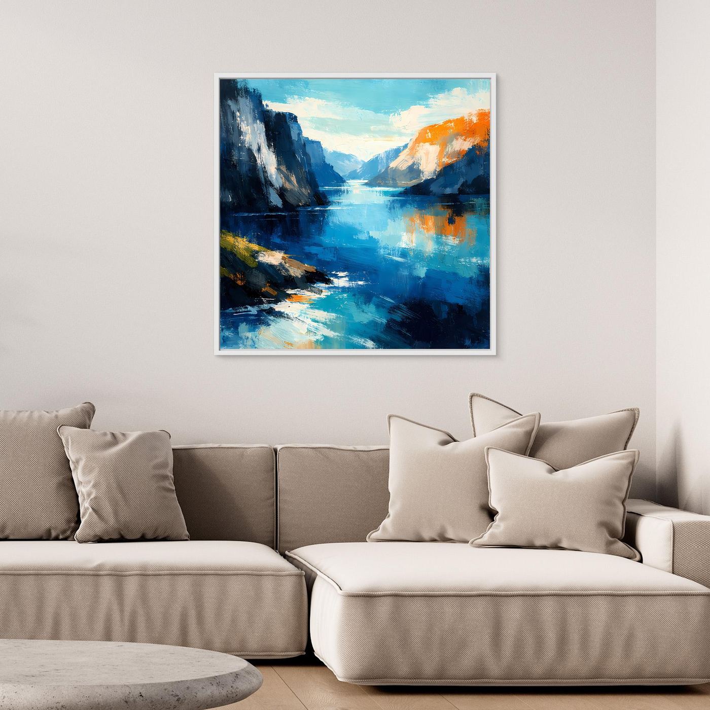 Leinwand Abstraktes Fjord Gemälde | Modernes Norwegisches Wandbild Blau Orange