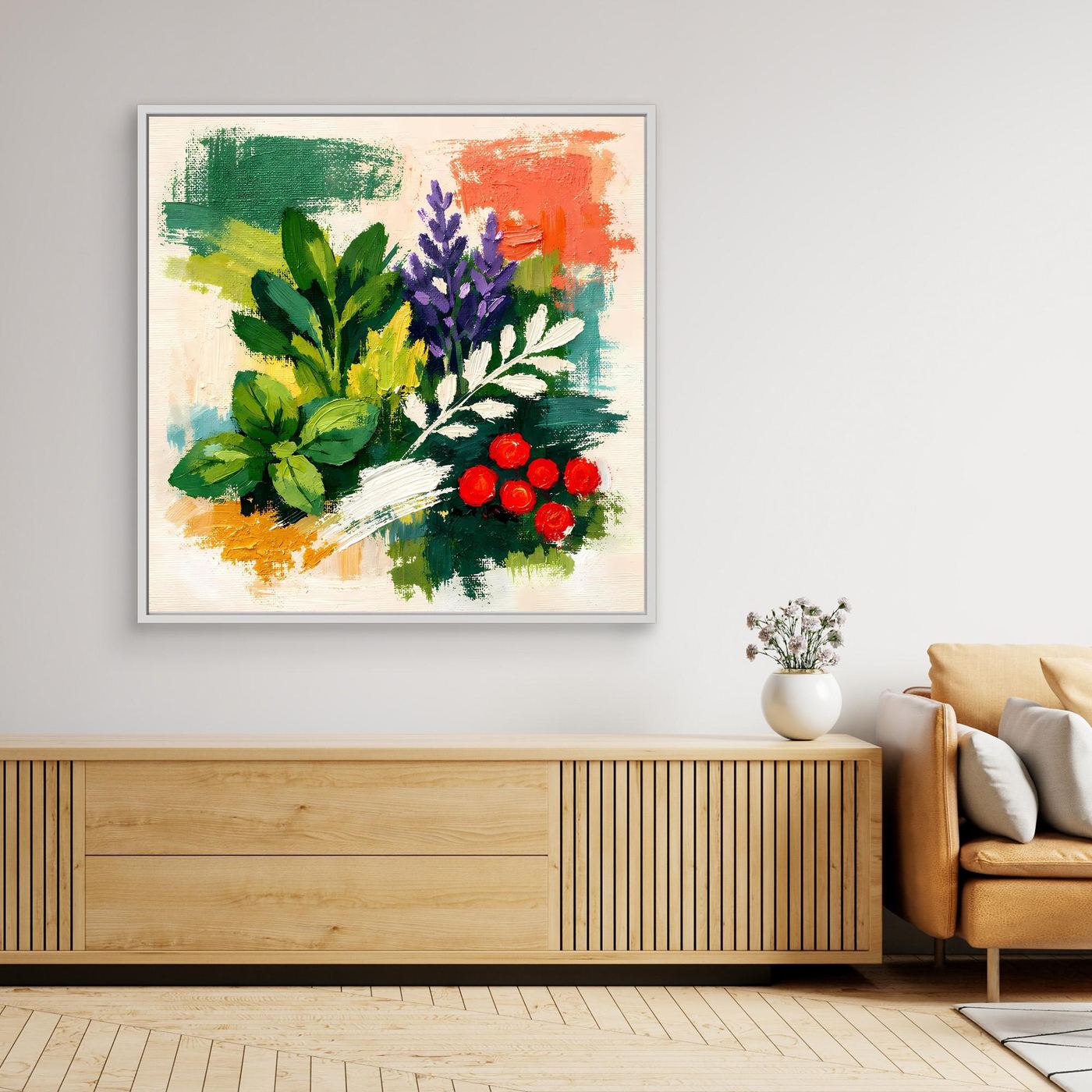 Framed abstract botanical canvas with green herbs, purple flowers, red berries in a white frame