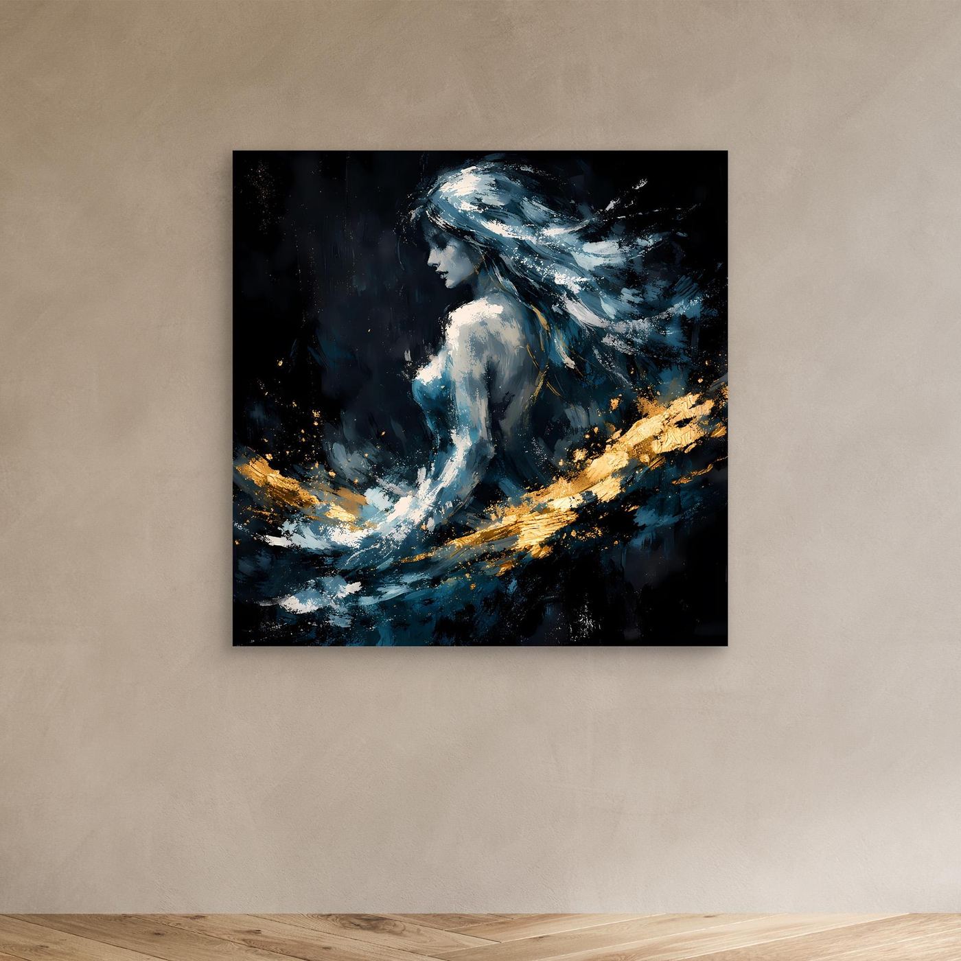 Leinwand Mystische Frauen-Figur in Blau und Gold | Modernes Abstraktes Fantasie Wandbild