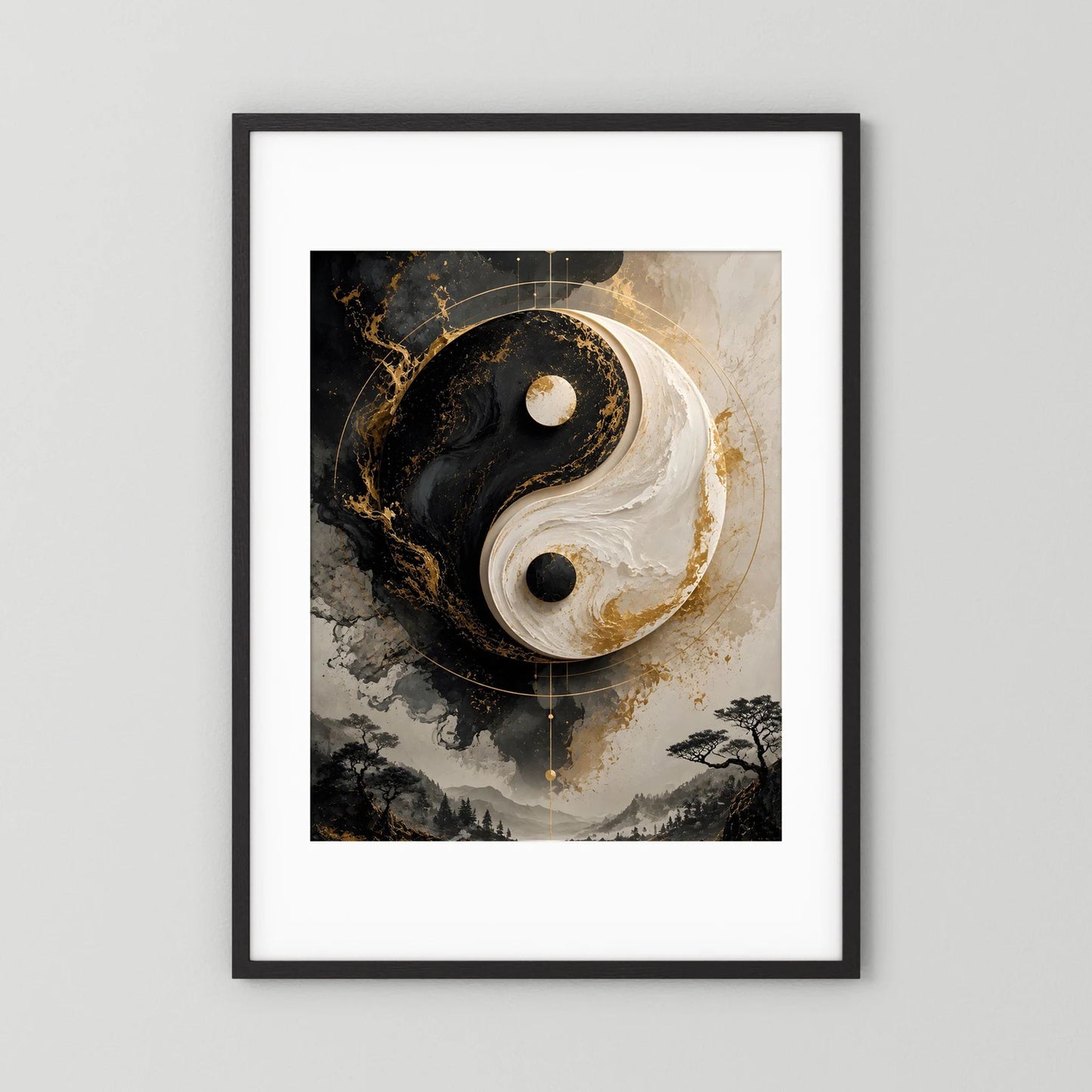 Yin-Yang-Poster Hochformat mit Schwarz-Weiß-Gold, in schwarzem Rahmen und weißem Rand