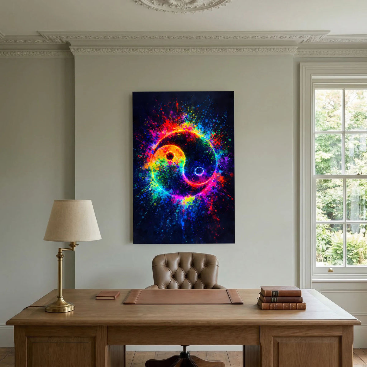Yin-Yang-Hochformatposter in Regenbogenfarben mit punktierter Spritzoptik