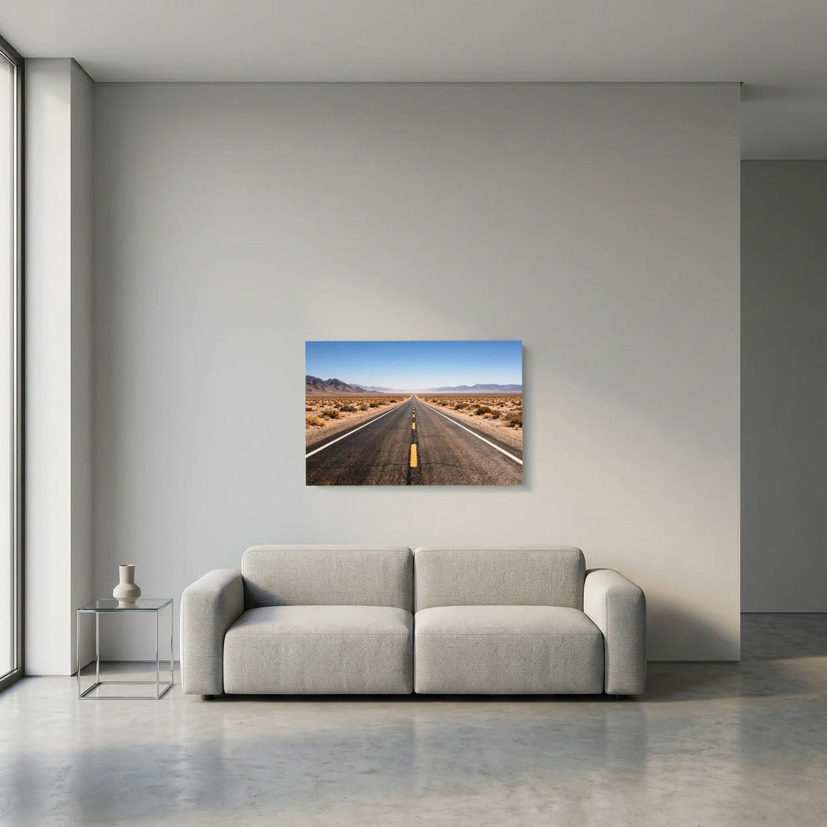 Wandbild im Querformat mit Motiv einer langen Straße durch die Wüste.