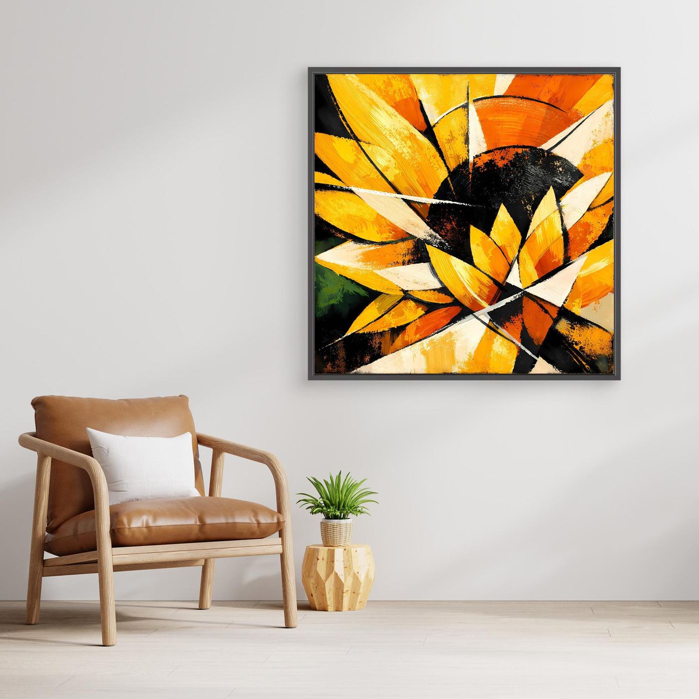 Leinwandbild Sonnenblume abstrakt in Gelb, Orange und Weiß, schwarze Linien, Holzrahmen