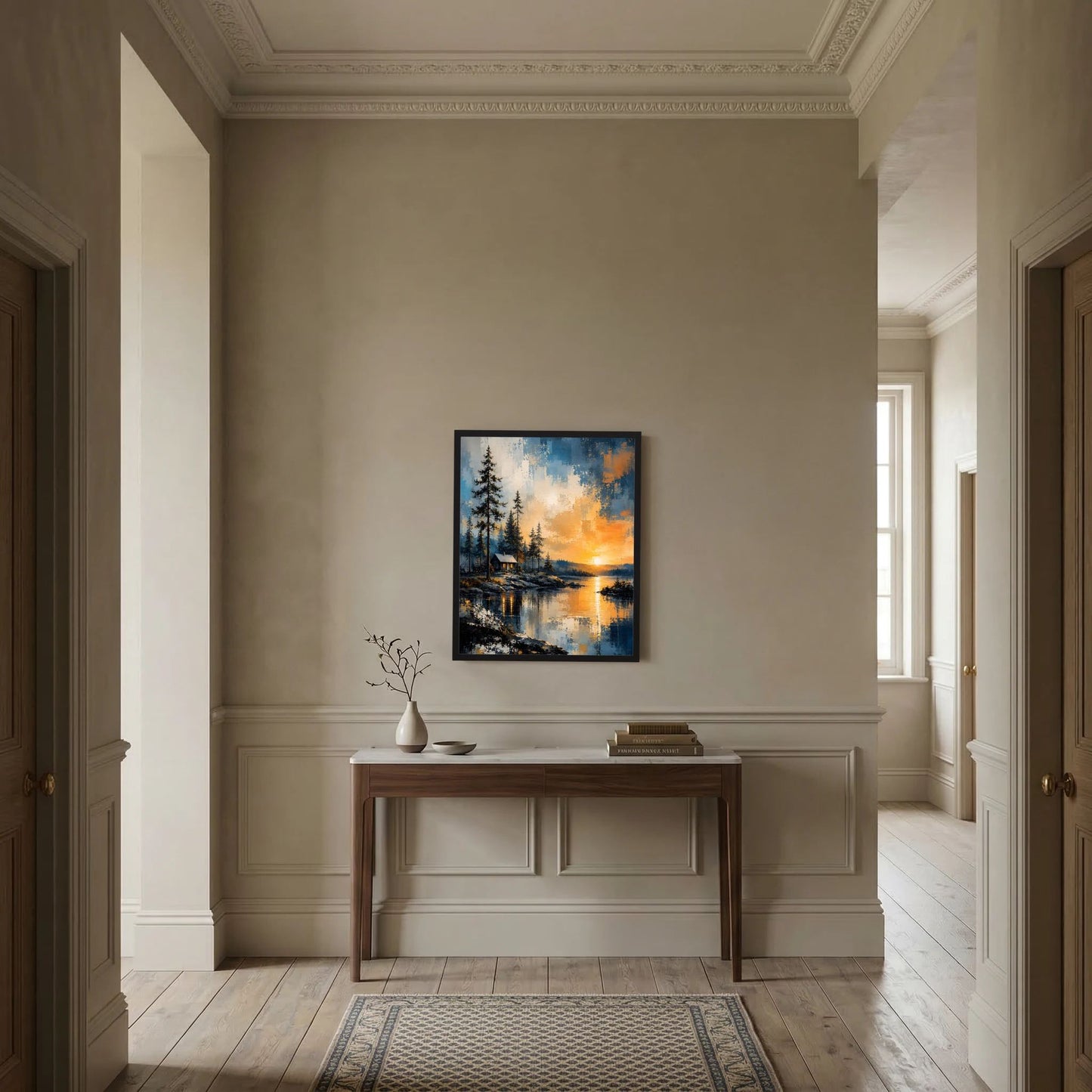 Wandbild mit schwarzem Rahmen: Wald, Hütte am See, gold-orange Sonnenuntergang