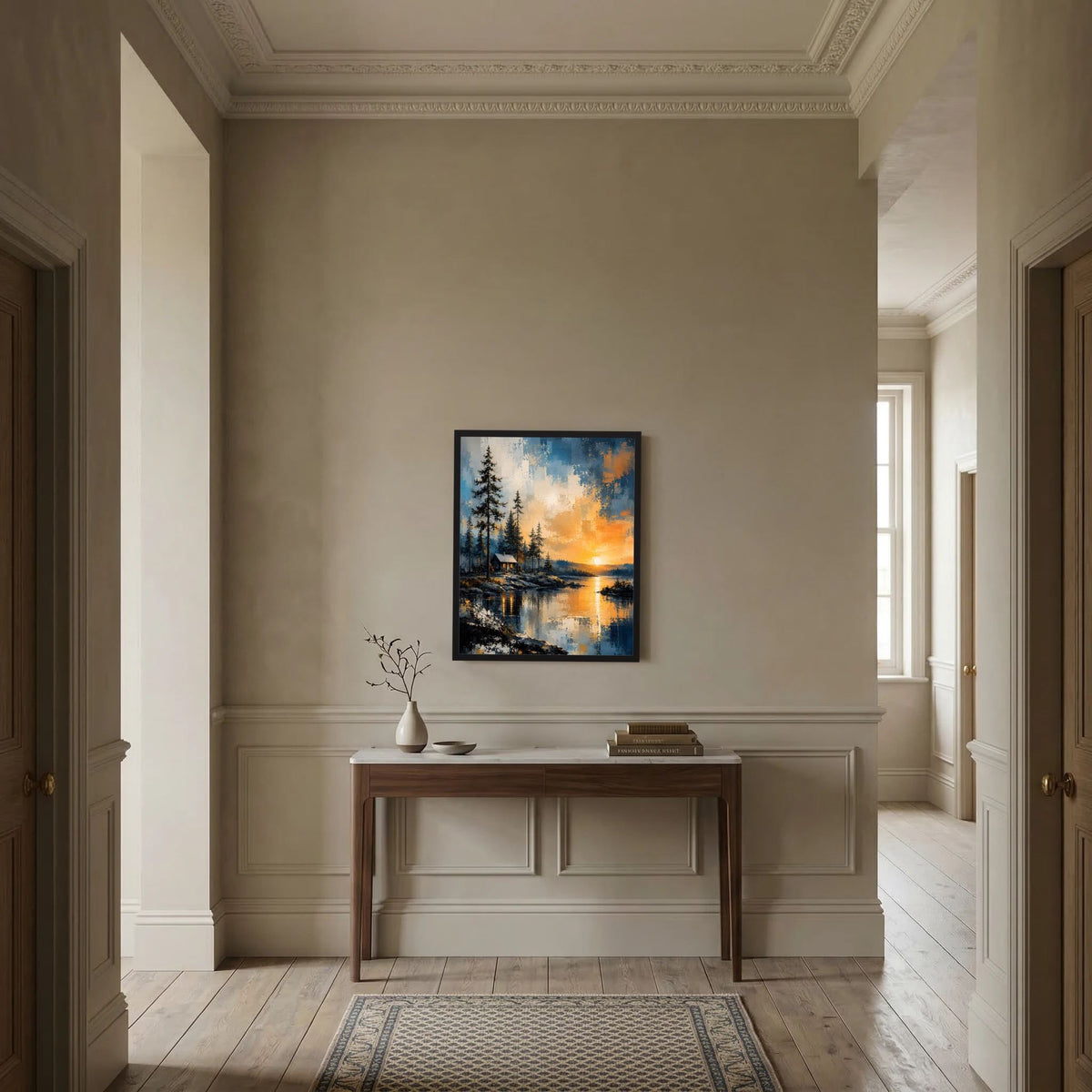 Wandbild mit schwarzem Rahmen: Wald, Hütte am See, gold-orange Sonnenuntergang