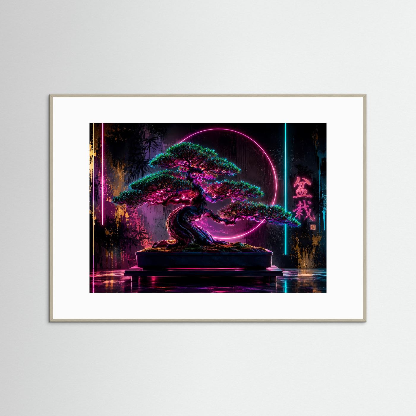 Neon Bonsai Poster | Japanische Zen Kunst | Cyber Bonsai Baum | Futuristische Wandkunst | Fine Art Print