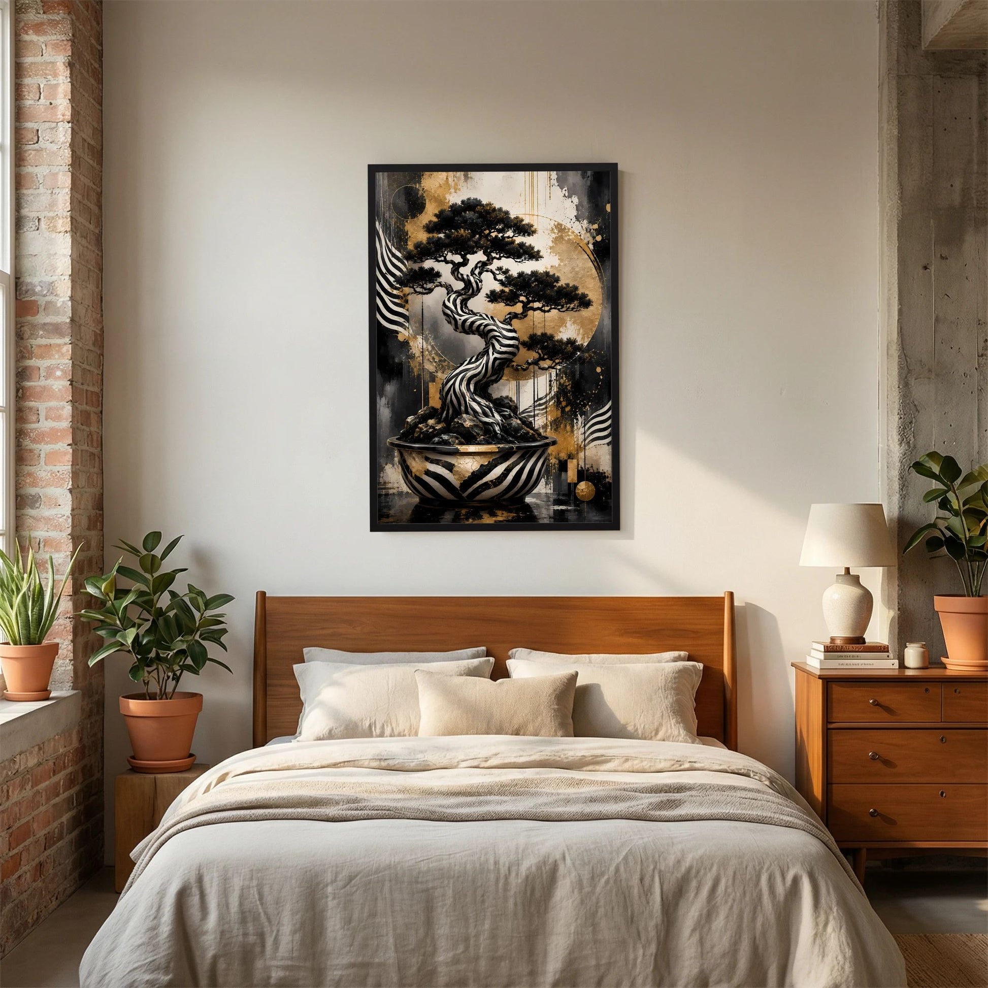 Zebra Bonsai | Abstrakter Baum in Schwarz Weiß Gold | Poster Hochformat
