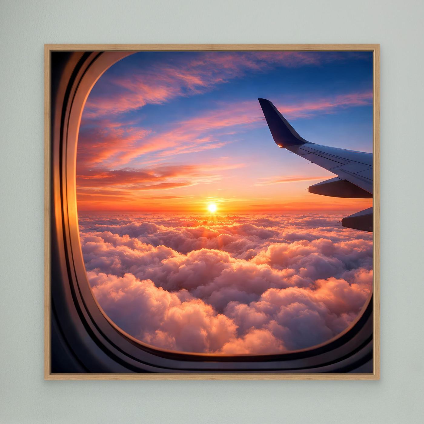 Leinwandbild Flugzeugfenster mit Sonnenuntergang über Wolken; Holzrahmen (hell)