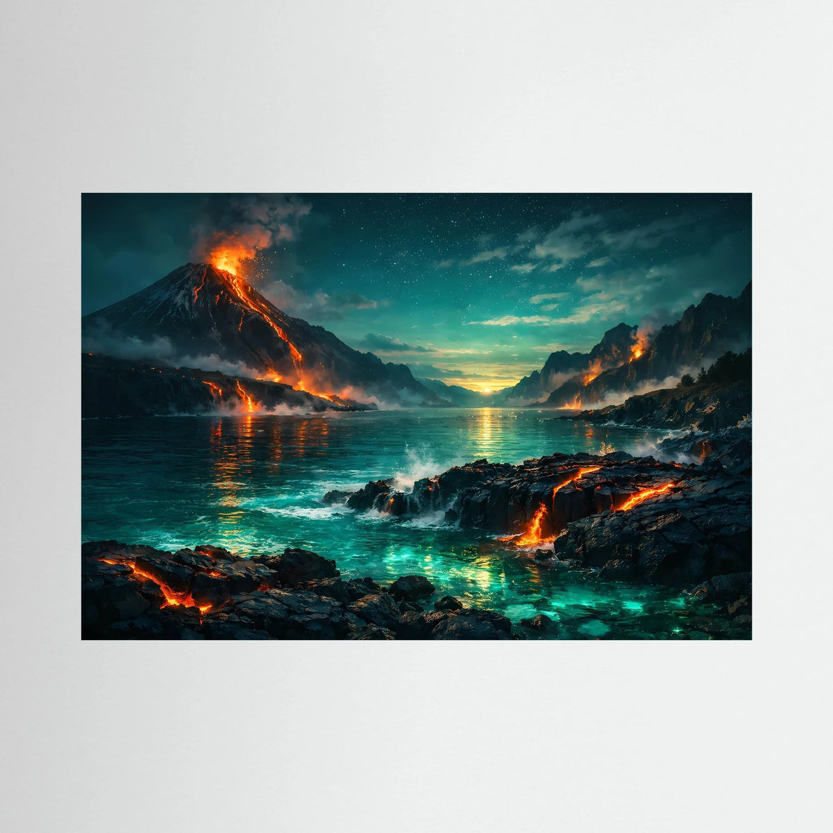 Querformatiges Wandbild: Vulkanszene am Meer mit glühender Lava und Sonnenuntergang