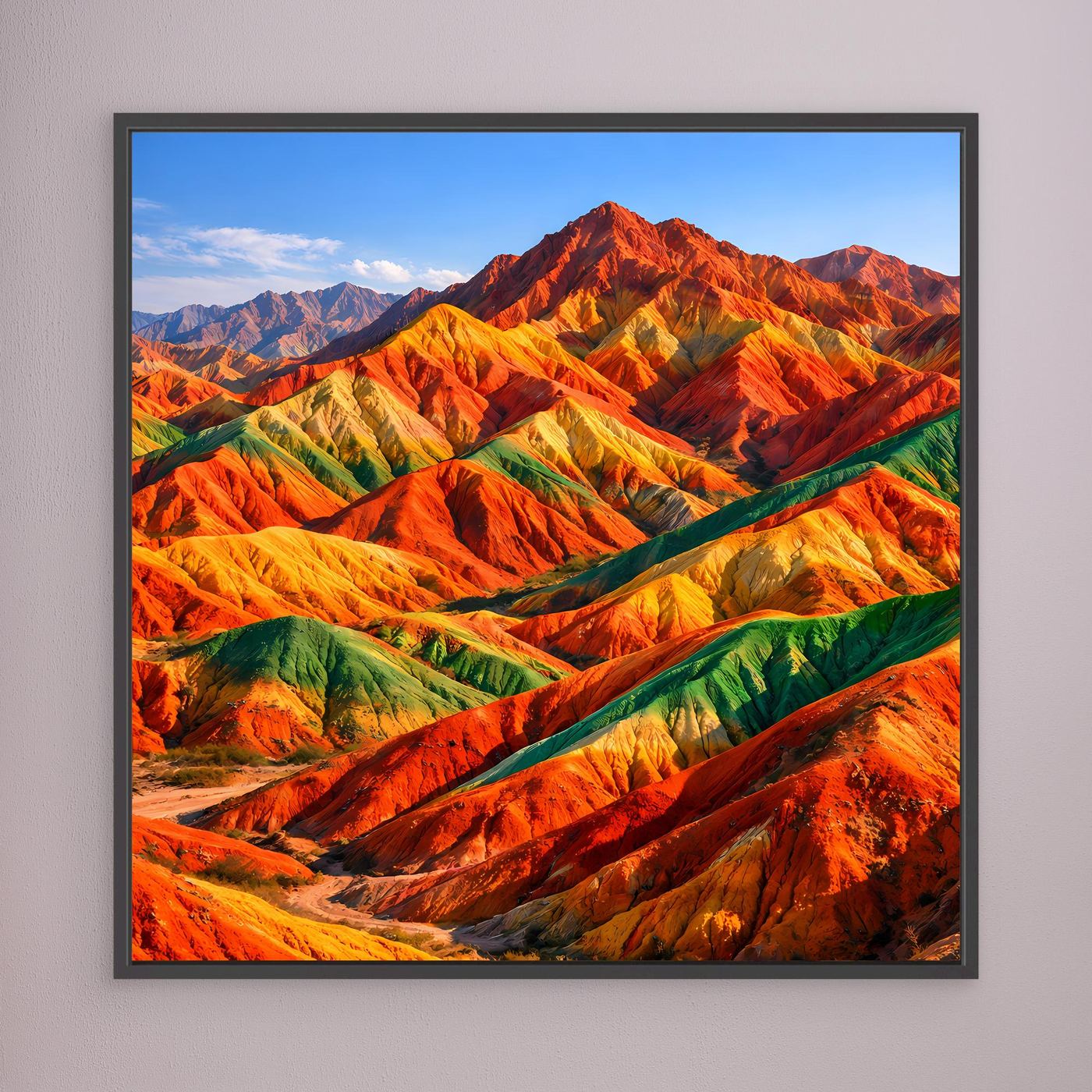 Leinwandbild Regenbogen-Berge, diagonale Felsrücken, schwarzer Rahmen