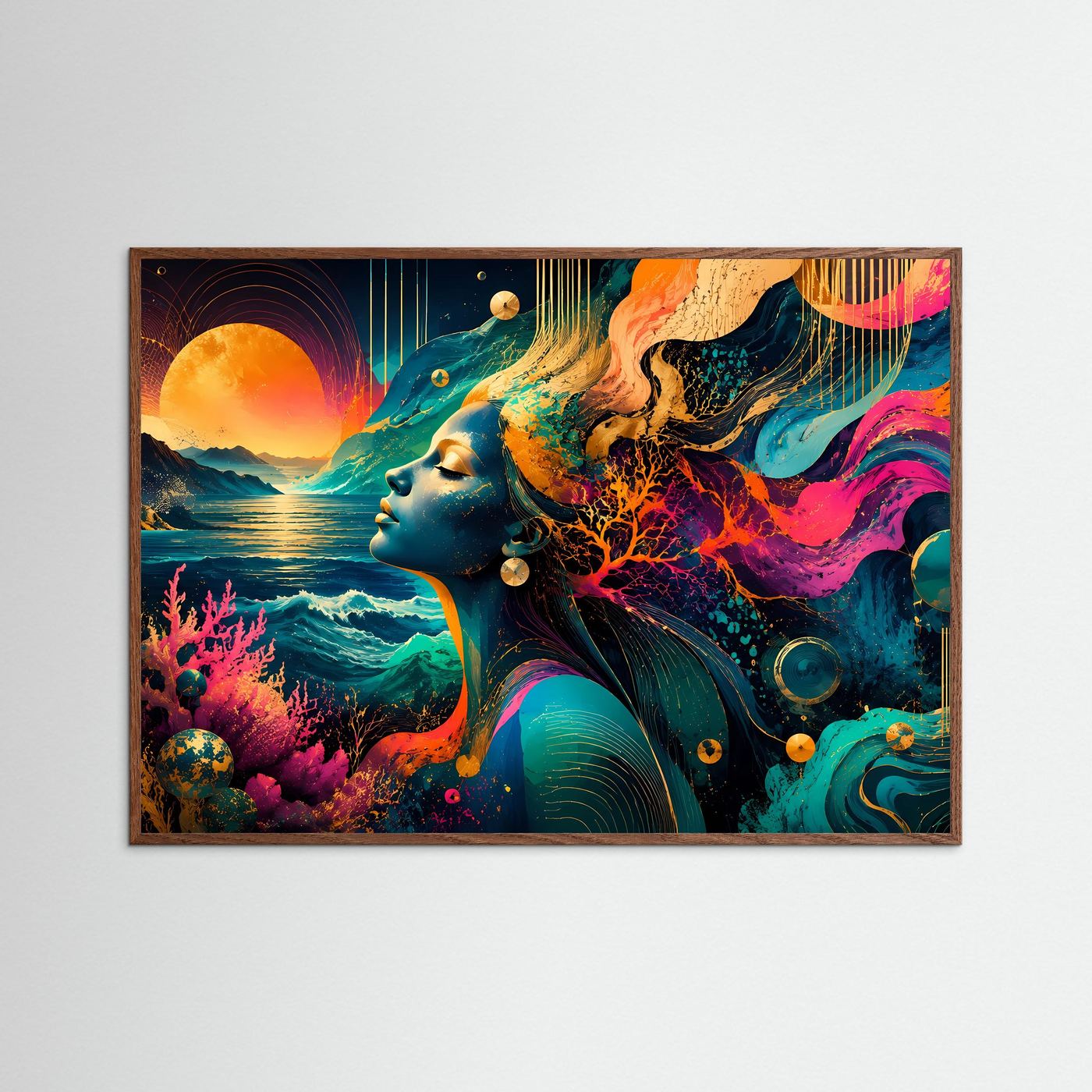 Abstrakte Meeresgöttin Wandbild | Moderne Ozean Frau Kunst | Farbenfrohe Coastal Wall Art | Türkis Pink Gold Poster | Luxuriöse Leinwand Dekoration
