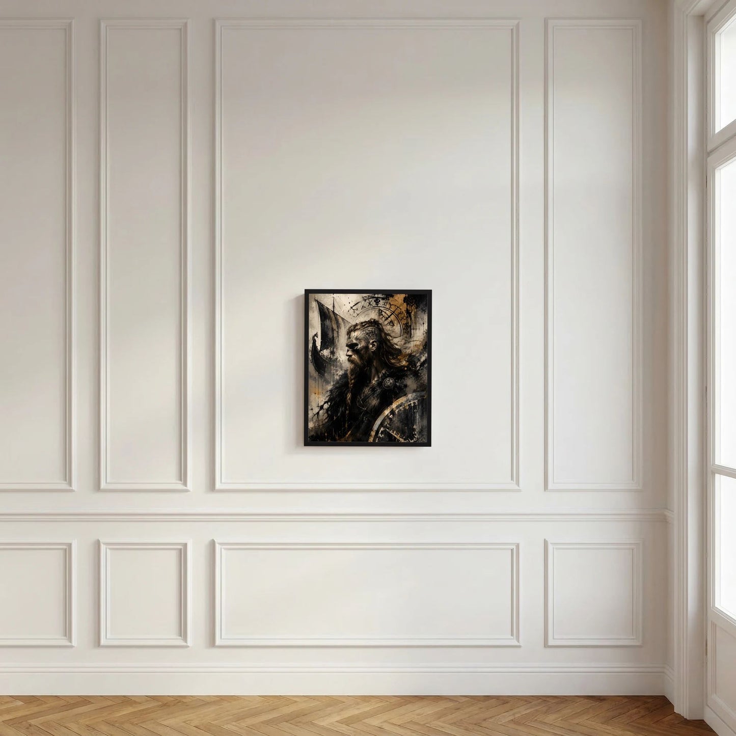 Kleines gerahmtes Hochformat-Kunstposter: Wikingerkrieger im Profil, Runen, dunkle Wirbel.