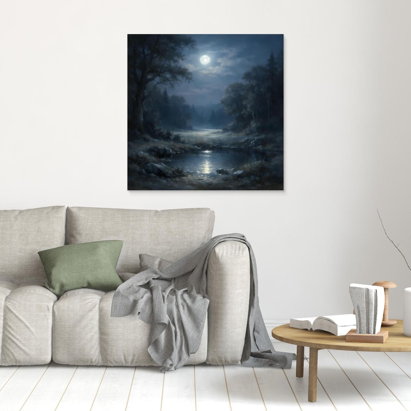 Quadratisches Leinwandbild: mystischer Wald mit Mond über dem Fluss, Rahmen nicht erkennbar